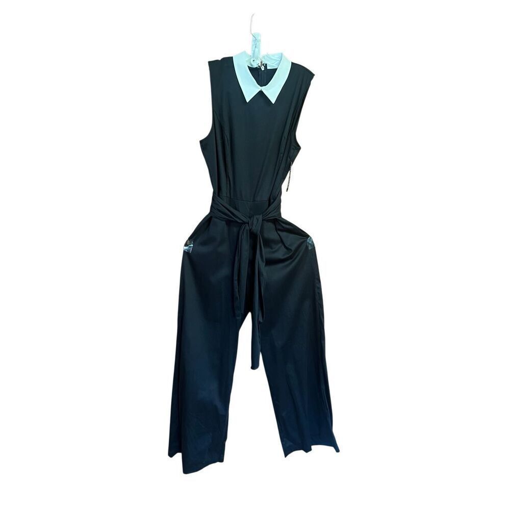 NY & Co Sleeveless/Collard /Belted/Wide Leg jumpsuit Black/White Sz L NWT
